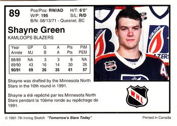 1991-92 7th Inning Sketch WHL #89 Shayne Green Back
