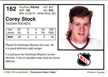 1991-92 7th Inning Sketch WHL #162 Corey Stock Back