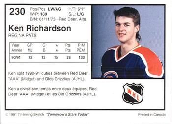 1991-92 7th Inning Sketch WHL #230 Ken Richardson Back