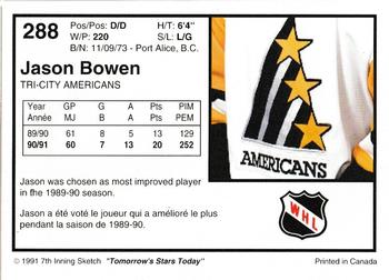 1991-92 7th Inning Sketch WHL #288 Jason Bowen Back