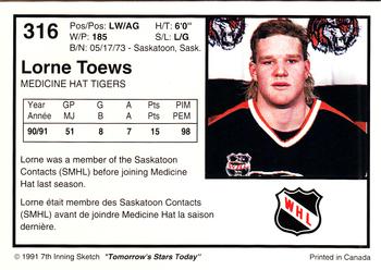 1991-92 7th Inning Sketch WHL #316 Lorne Toews Back