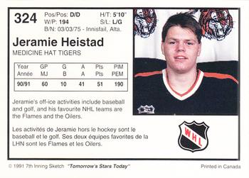 1991-92 7th Inning Sketch WHL #324 Jeramie Heistad Back