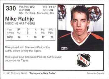 1991-92 7th Inning Sketch WHL #330 Mike Rathje Back