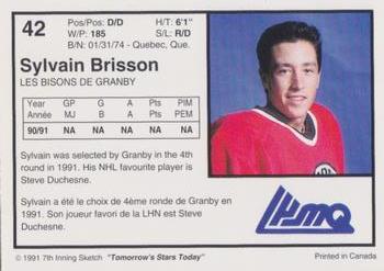 1991-92 7th Inning Sketch LHJMQ #42 Sylvain Brisson Back