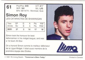 1991-92 7th Inning Sketch LHJMQ #61 Simon Roy Back