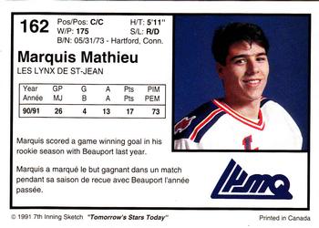 1991-92 7th Inning Sketch LHJMQ #162 Marquis Mathieu Back