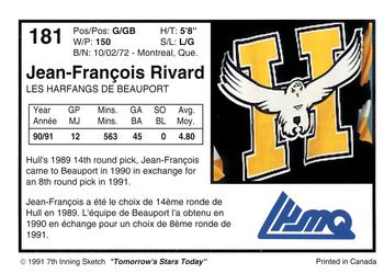 1991-92 7th Inning Sketch LHJMQ #181 Jean-Francois Rivard Back
