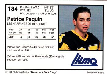1991-92 7th Inning Sketch LHJMQ #184 Patrice Paquin Back