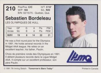 1991-92 7th Inning Sketch LHJMQ #210 Sebastien Bordeleau Back