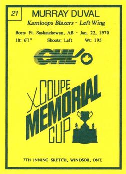 1990 7th Inning Sketch Memorial Cup (CHL) #21 Murray Duval Back
