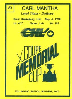 1990 7th Inning Sketch Memorial Cup (CHL) #51 Carl Mantha Back