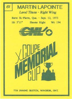 1990 7th Inning Sketch Memorial Cup (CHL) #61 Martin Lapointe Back