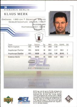2001-02 Upper Deck DEL (German) #39 Klaus Merk Back