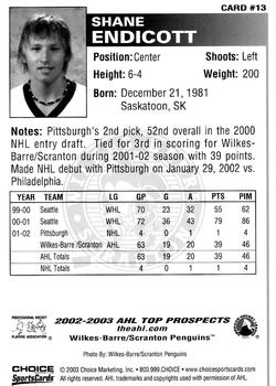 2002-03 Choice AHL Top Prospects #13 Shane Endicott Back