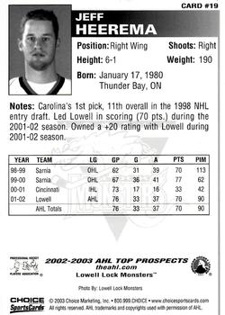 2002-03 Choice AHL Top Prospects #19 Jeff Heerema Back