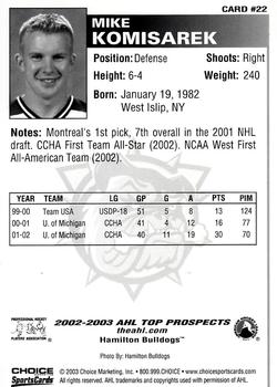 2002-03 Choice AHL Top Prospects #22 Mike Komisarek Back