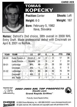 2002-03 Choice AHL Top Prospects #23 Tomas Kopecky Back
