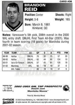 2002-03 Choice AHL Top Prospects #36 Brandon Reid Back