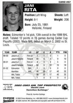 2002-03 Choice AHL Top Prospects #37 Jani Rita Back