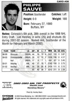 2002-03 Choice AHL Top Prospects #38 Philippe Sauve Back