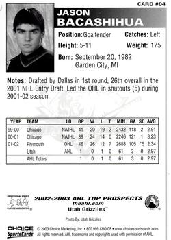 2002-03 Choice AHL Top Prospects #4 Jason Bacashihua Back