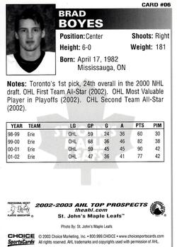 2002-03 Choice AHL Top Prospects #6 Brad Boyes Back