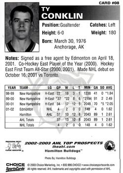 2002-03 Choice AHL Top Prospects #8 Ty Conklin Back