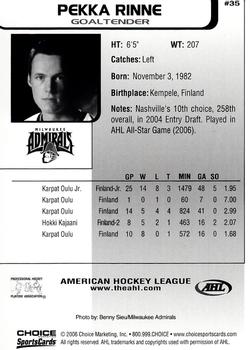 2005-06 Choice AHL Top Prospects #35 Pekka Rinne Back