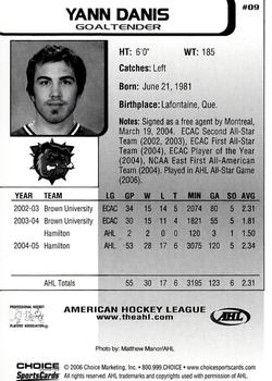 2005-06 Choice AHL Top Prospects #9 Yann Danis Back