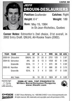 2006-07 Choice AHL Top Prospects #48 Jeff Drouin-Deslauriers Back