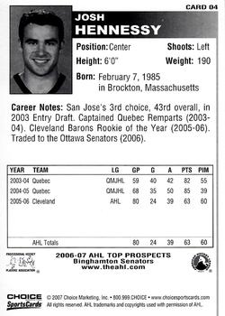 2006-07 Choice AHL Top Prospects #4 Josh Hennessy Back