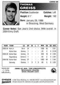 2006-07 Choice AHL Top Prospects #50 Thomas Greiss Back