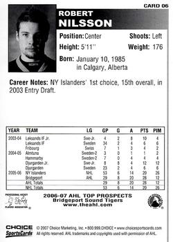 2006-07 Choice AHL Top Prospects #6 Robert Nilsson Back