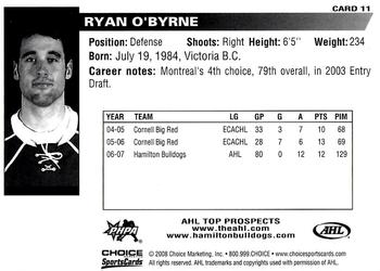 2007-08 Choice AHL Top Prospects #11 Ryan O'Byrne Back