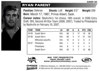 2007-08 Choice AHL Top Prospects #32 Ryan Parent Back