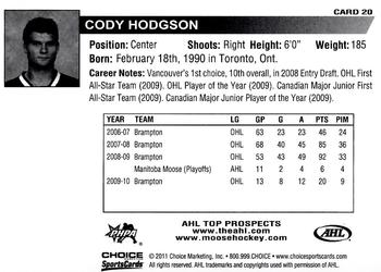 2010-11 Choice AHL Top Prospects #20 Cody Hodgson Back