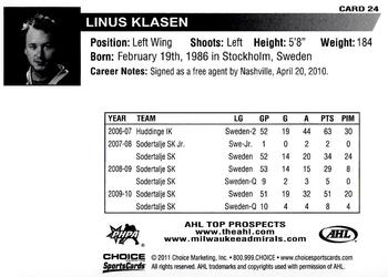 2010-11 Choice AHL Top Prospects #24 Linus Klasen Back