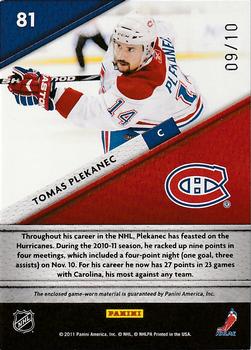 2011-12 Panini Certified - Fabric of the Game Jersey Number Prime #81 Tomas Plekanec Back