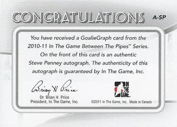 2010-11 In The Game Between The Pipes - Autographs #A-SP Steve Penney  Back