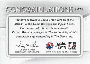 2010-11 In The Game Between The Pipes - Autographs #A-RBA Richard Bachman  Back