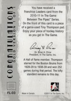 2010-11 In The Game Between The Pipes - Franchise Leaders Jerseys Gold #FL-03 Tiny Thompson Back