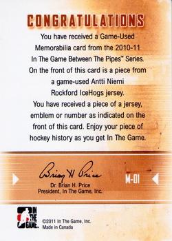 2010-11 In The Game Between The Pipes - Jerseys Black #M-01 Antti Niemi Back