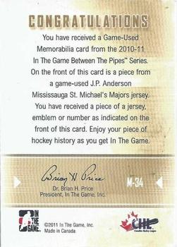 2010-11 In The Game Between The Pipes - Jerseys Silver #M-34 JP Anderson Back
