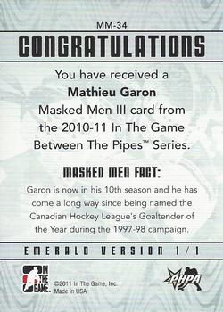 2010-11 In The Game Between The Pipes - Masked Men III Emerald #MM-34 Mathieu Garon Back