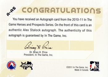 2010-11 In The Game Heroes and Prospects - Autographs #A-AS Alex Stalock  Back
