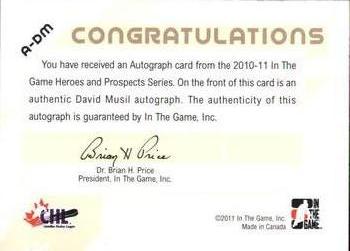 2010-11 In The Game Heroes and Prospects - Autographs #A-DM David Musil  Back