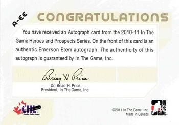2010-11 In The Game Heroes and Prospects - Autographs #A-EE Emerson Etem  Back