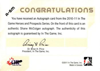 2010-11 In The Game Heroes and Prospects - Autographs #A-SM Shane McColgan  Back