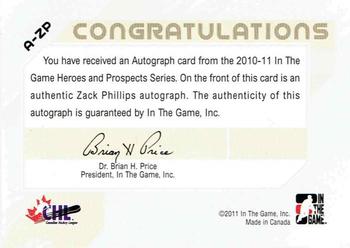 2010-11 In The Game Heroes and Prospects - Autographs #A-ZP Zack Phillips  Back