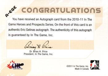 2010-11 In The Game Heroes and Prospects - Autographs #A-EGE Eric Gelinas  Back